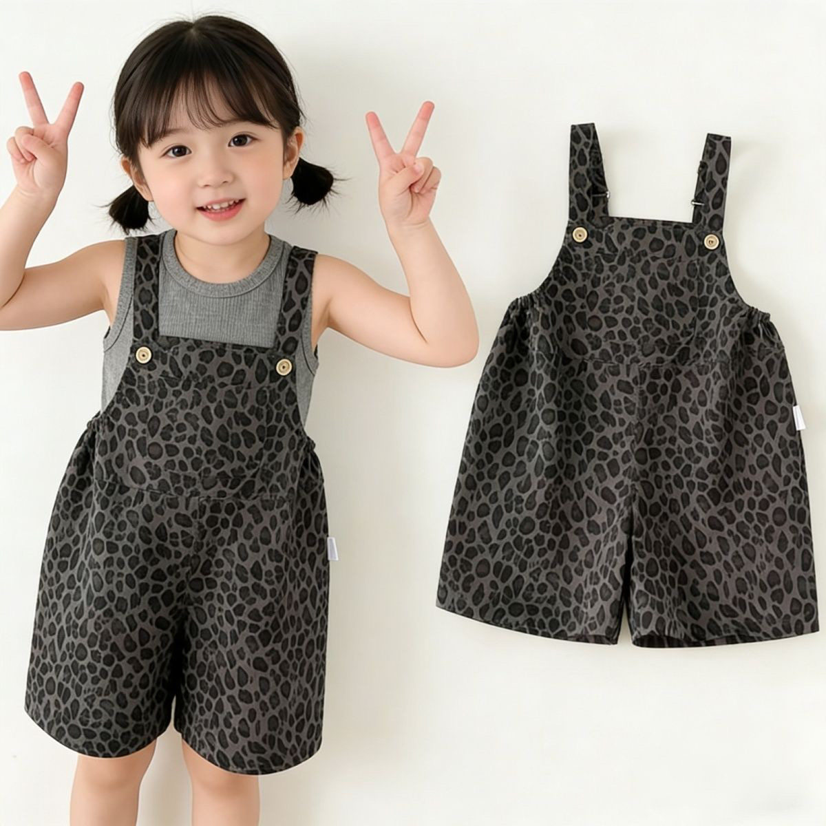 女童夏装套装新款韩版宝宝夏季豹纹幼儿洋气背带裤薄款背心两件套