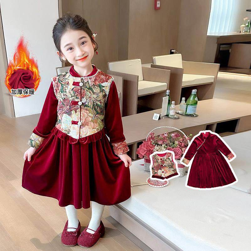 女童冬季加绒加厚连衣裙唐装年服