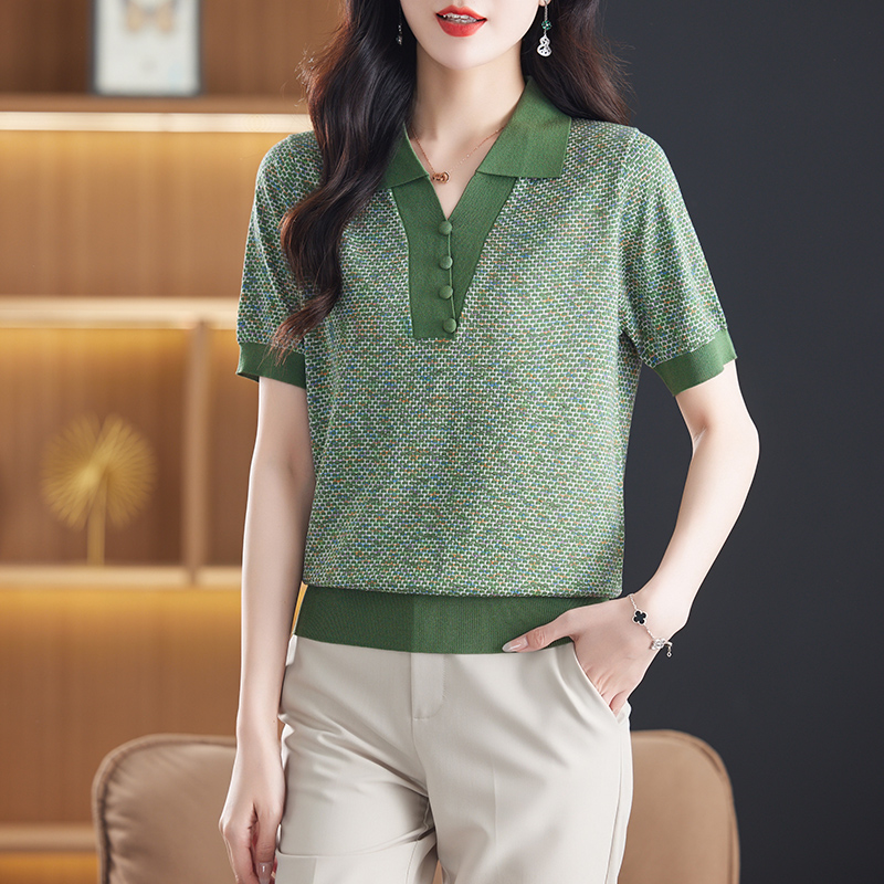 翻领天丝针织衫女中年妈妈夏装薄款polo领上衣高级感冰丝短袖t恤