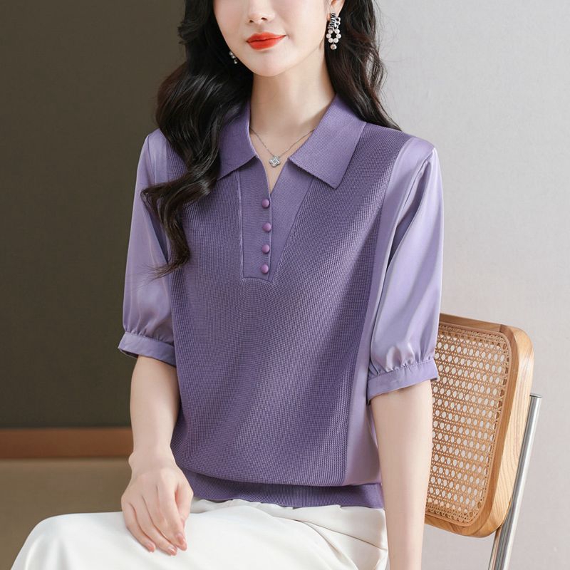 冰丝短袖t恤女薄款妈妈夏装时尚翻领雪纺拼接上衣T恤针织衫短款薄
