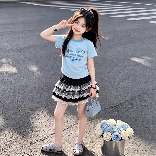 夏季新款女童时尚洋气字母短袖T恤甜美公主蕾丝花边蛋糕裙两件套