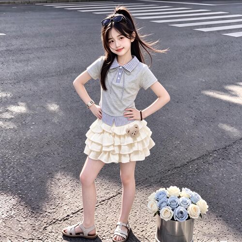 女童学院风套装裙夏季新款时髦个性条纹短袖可爱卡通蛋糕裙两件套