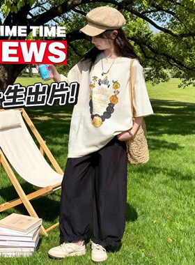 2026休闲卡通套装宽松初中生童装T恤韩版女童夏装新款2026两件套