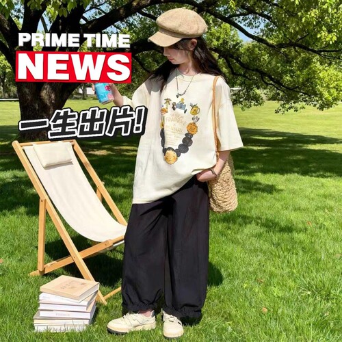 2026休闲卡通套装宽松初中生童装T恤韩版女童夏装新款2026两件套