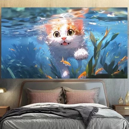 猫咪游泳场景挂毯卧室装饰壁毯家居背景布原创卡通治愈可爱背景布
