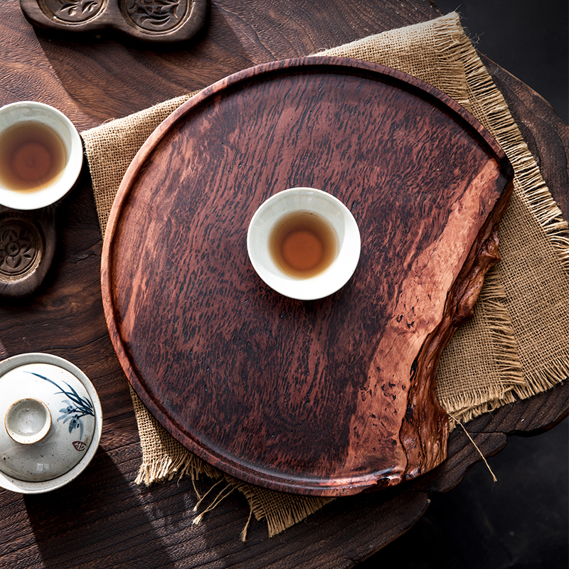 高端圆形荔枝木家用小茶海实木托盘干泡台网红树脂整块原木茶盘