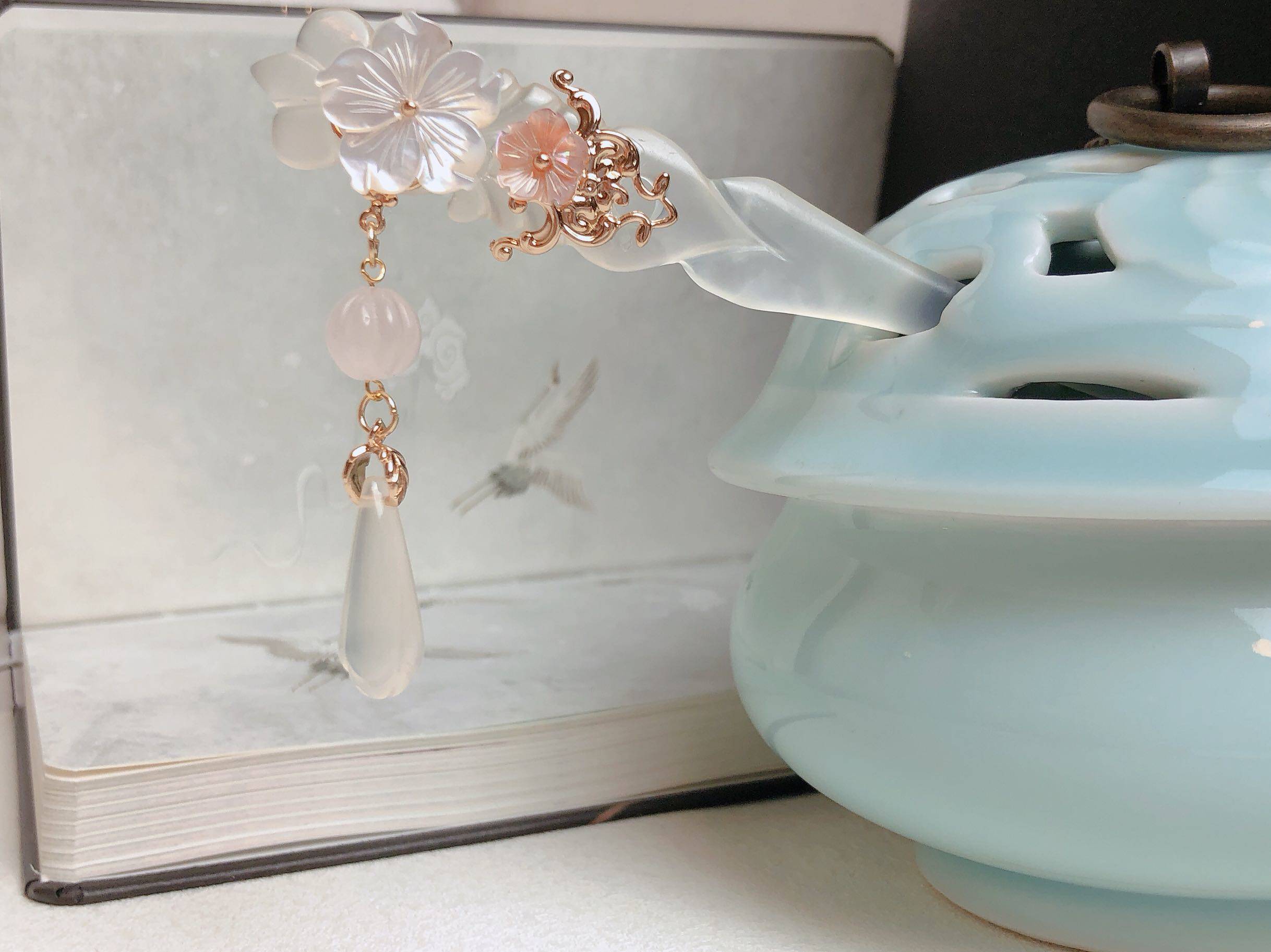 原创品牌新品玉簪岫玉蝶贝汉服配饰发簪古风仙气日常气质头饰