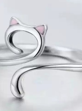 可调节镂空猫咪戒指简约滴油猫钩针带线指环编织钩织尾戒戒指黑色