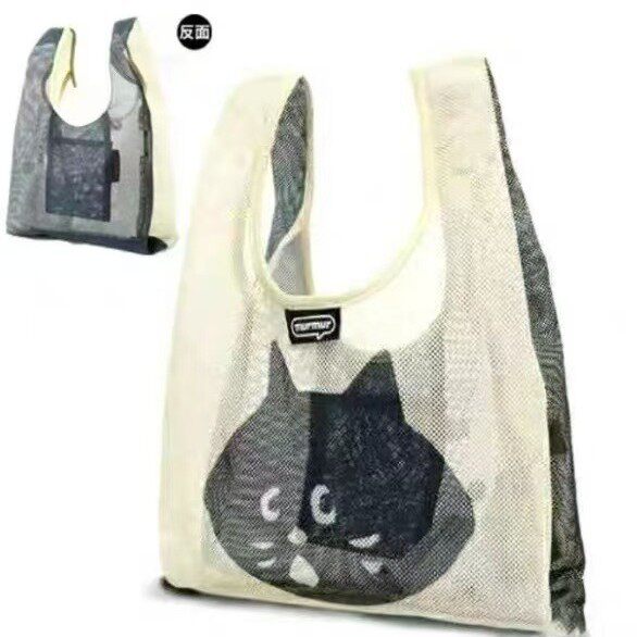 日系新款猫咪网状卡通购物袋可爱便当包便携折叠饭盒包买菜手提包