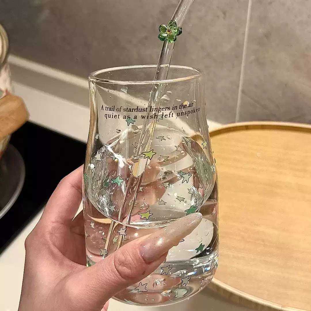 ins风星星玻璃杯带吸管高颜值用牛奶果汁杯耐热透明创意水杯