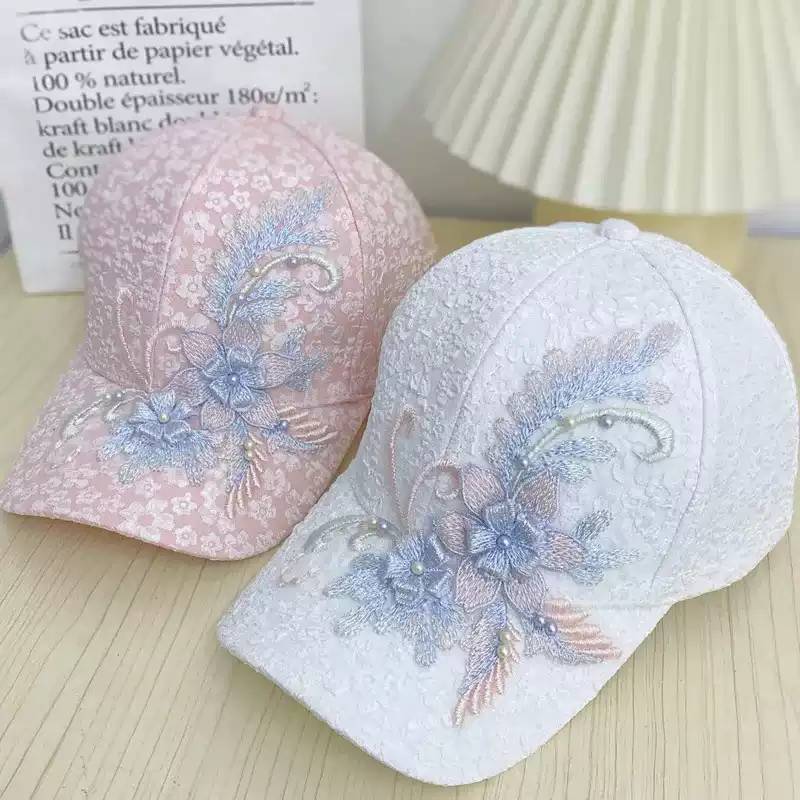 韩版压褶泡泡小碎花棒球帽女蕾丝钉珠花朵防晒帽子遮阳透气鸭舌帽