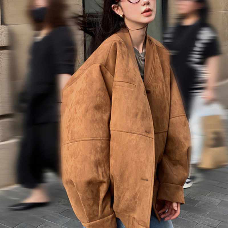 美式复古仿麂皮绒棒球服外套女秋季新款宽松休闲V领夹克上衣 氨纶