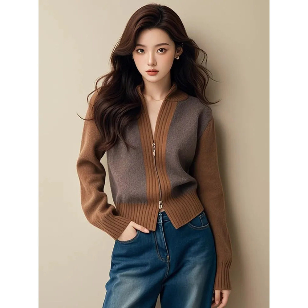 胖mm毛衣外套新款感季撞色小香风针织开衫女秋冬高级咖啡色冰丝