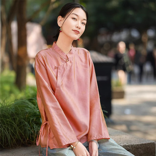 100%桑蚕丝新中式真丝浮光锦长袖立领衬衫上衣女穿搭2026春季新款