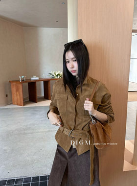复古PU鹿皮绒翻领加厚短外套女