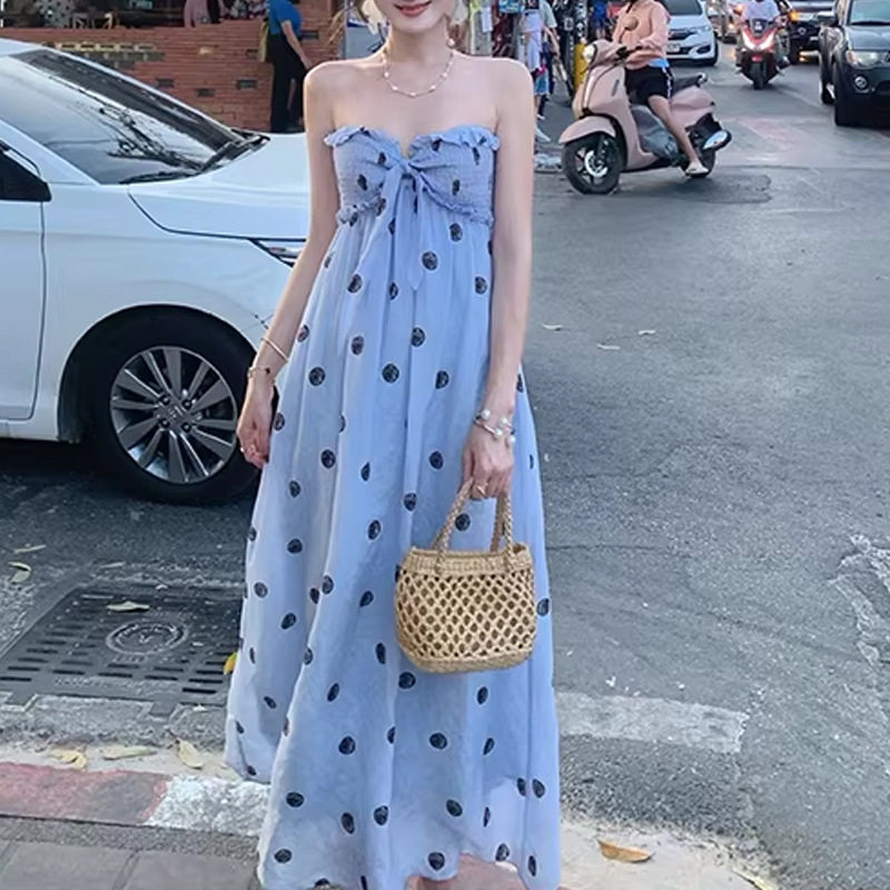 海琳琅 天丝亚麻蓝色波点连衣裙2026春季新款连衣裙时尚减龄少女