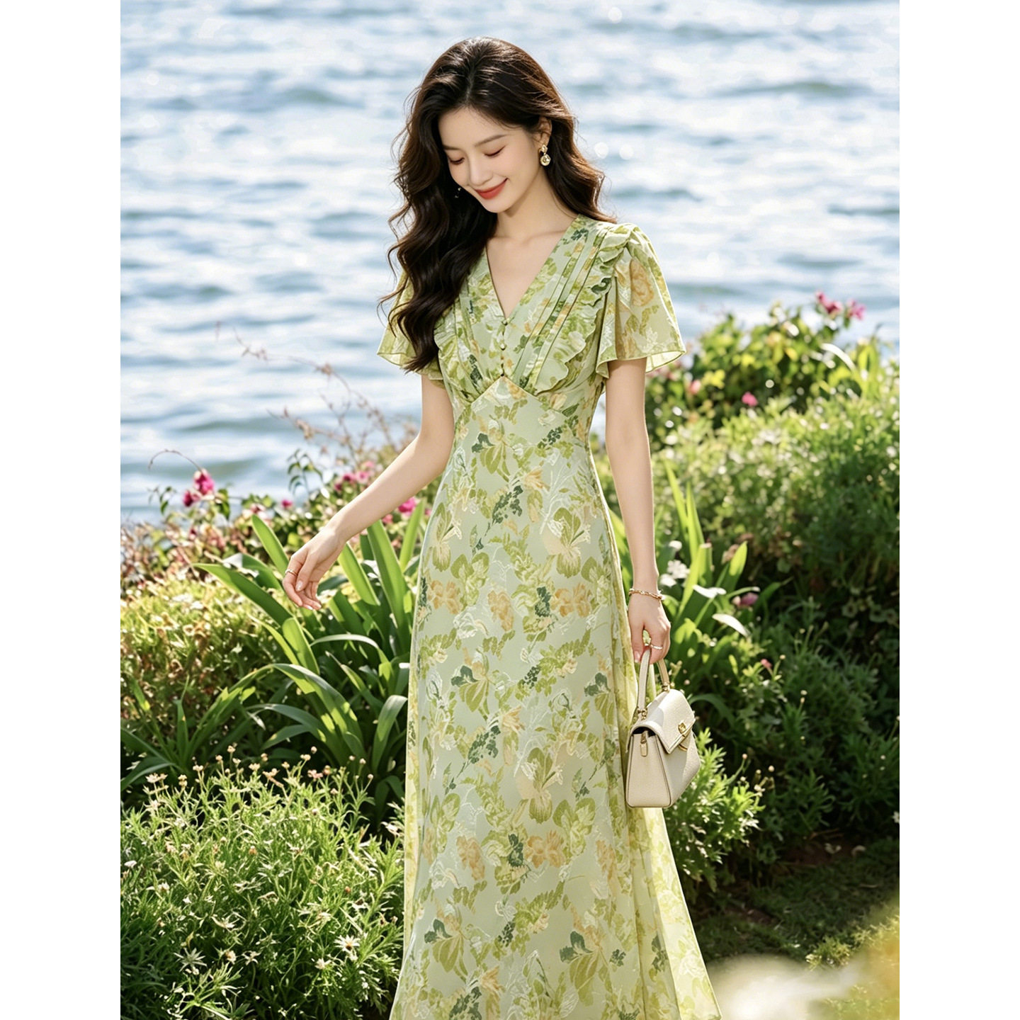 100%桑蚕丝真丝剪花绡碎花连衣裙女2026夏季新款高腰显瘦长裙度假