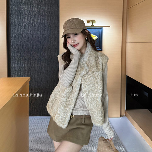 优雅立领100兔毛女马甲冬季新款