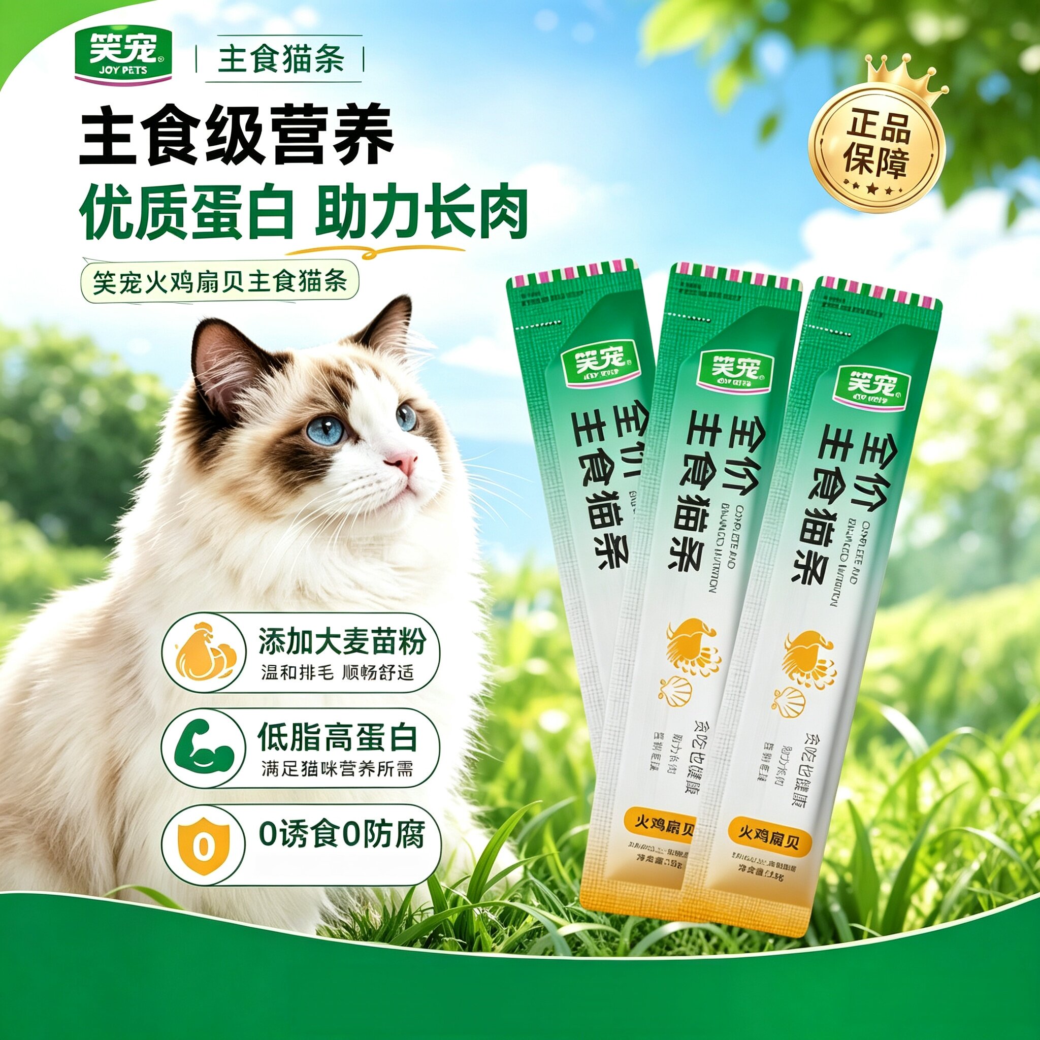 笑宠主食猫条鲜肉鸡肉猫草排毛球鱼油成幼猫零食营养长肉湿粮猫粮图片