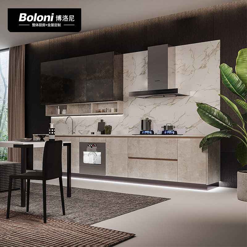 博洛尼现代简约开放式整体厨房橱柜定制石英石台面环保厨柜订金