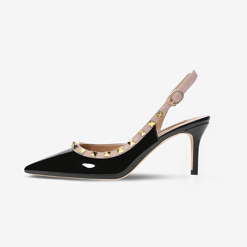 铆钉真皮尖头一字带高跟凉鞋职业工作女单鞋细跟夏季时尚百搭鞋子