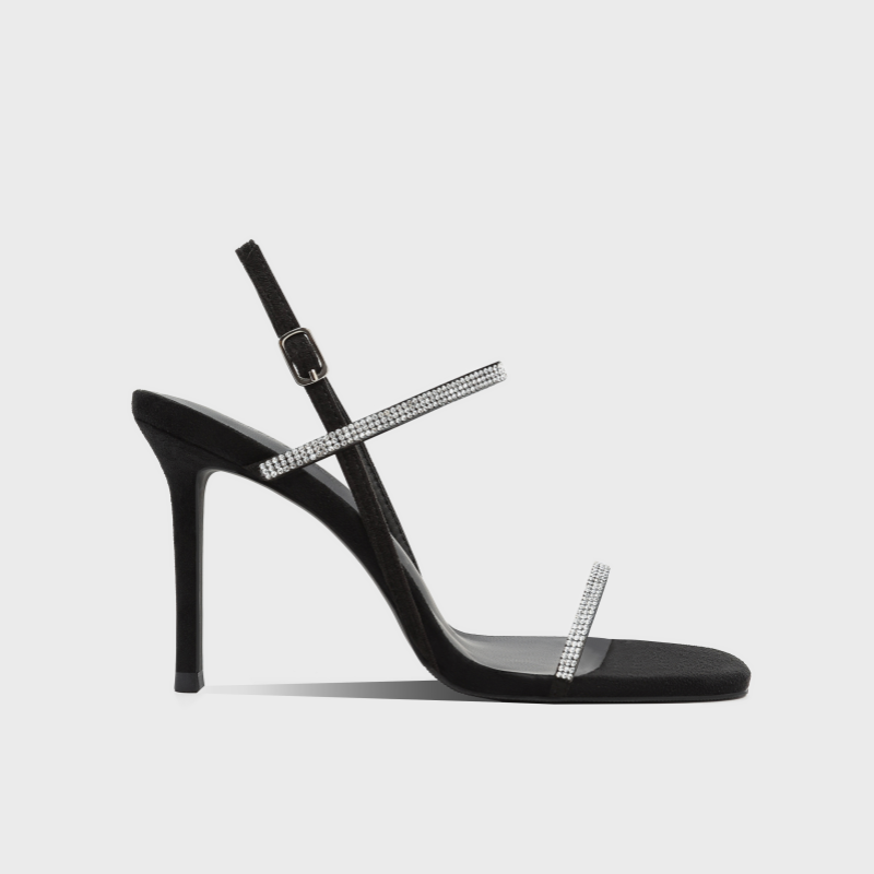 夏新款气质方头亮钻一字带高跟凉鞋黑色细跟绒面女鞋职业工作鞋,女鞋,一字带凉鞋,淘宝优惠券,粉丝福利购,淘宝优惠卷