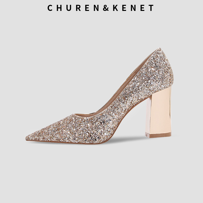 小CK金色高跟婚鞋新娘鞋单鞋亮片