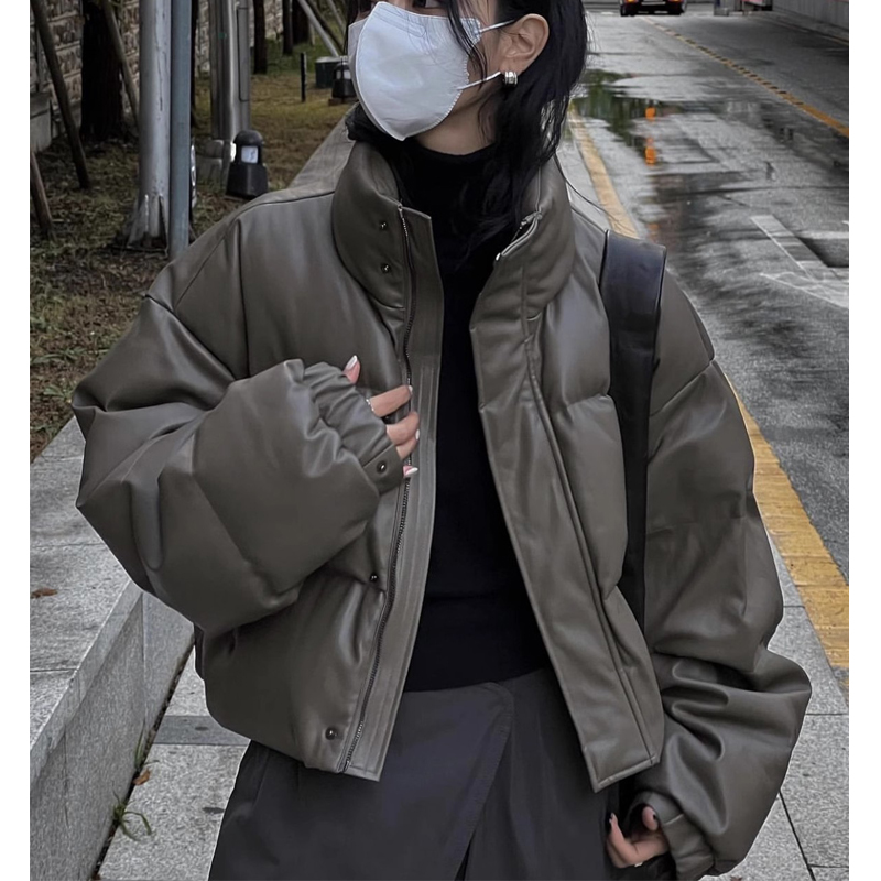 PU皮短款羽绒服女2023冬