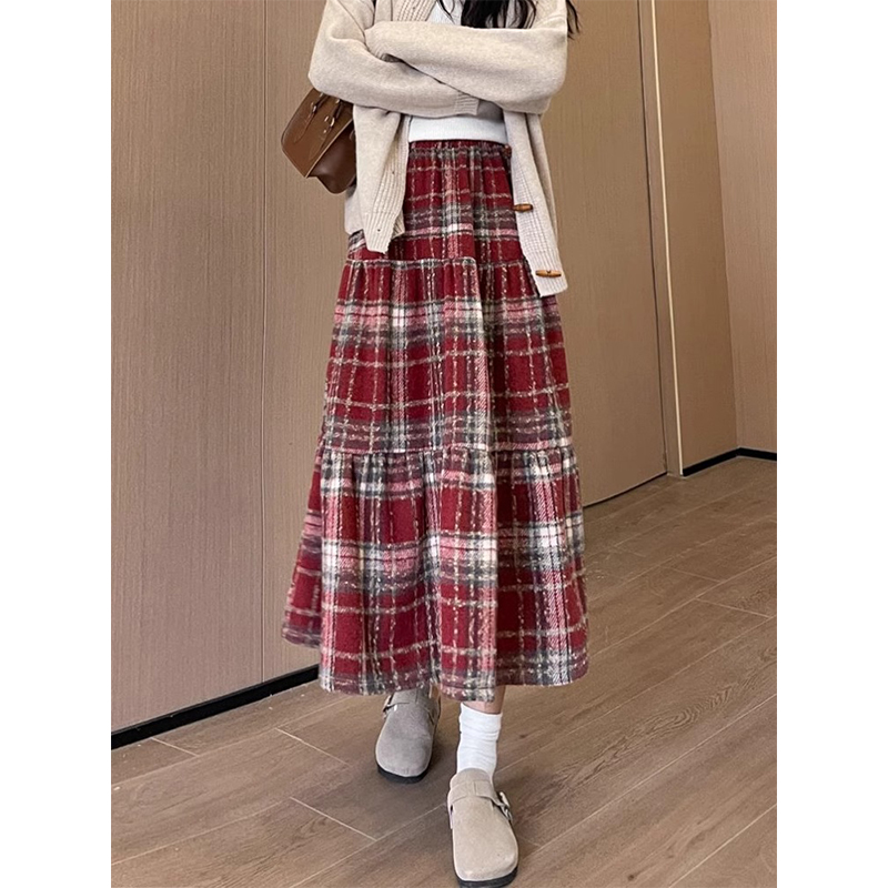 复古毛呢格子半身裙女秋