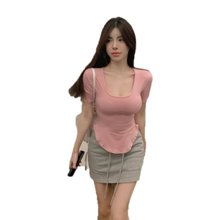 纯欲U领T恤女2026夏季新款韩版弧形下摆短袖性感显胸紧身显瘦上衣