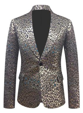 跨境美码男士鱼鳞提花西服套装鳄鱼纹司仪主持人礼服演出服舞台装
