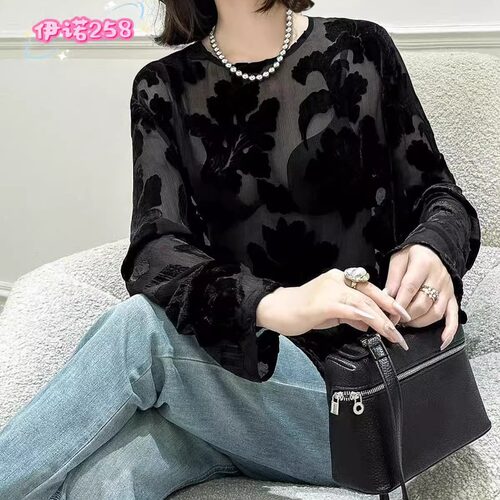 精品真丝丝绒烧花长袖t恤女热卖爆款