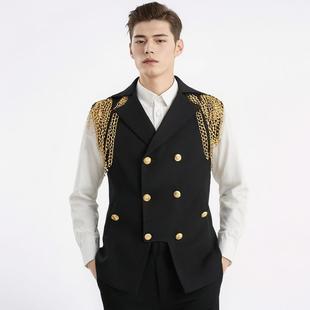 男士金属链条装饰西装马甲朋克摇滚歌手演出服舞台表演服装时尚潮