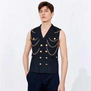 男士金属链条装饰西装马甲朋克摇滚歌手演出服舞台表演服装时尚潮