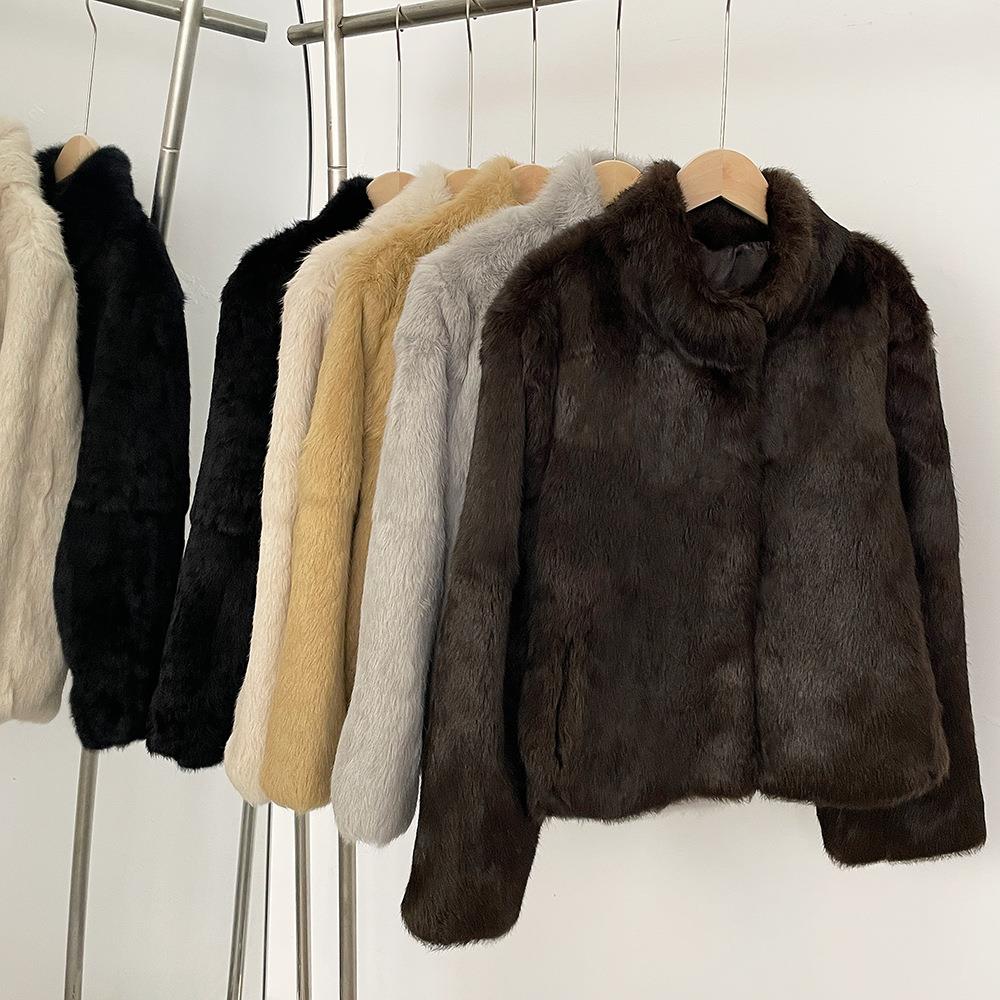 上东老钱  咖色整皮兔毛皮草外套女短款时尚百搭立翻领兔毛外套女