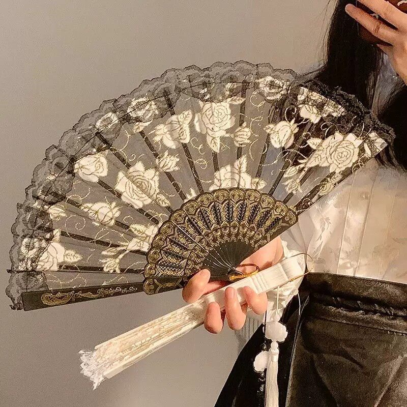新中式白色蕾丝樱花折叠小扇子夏天国风古风舞蹈马面裙女拍照道具