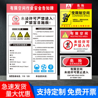 有限空间安全警示牌受限空间作业安全告知牌告示牌安全标识牌闲人免进密闭空间标志提示指示贴纸警告贴定制