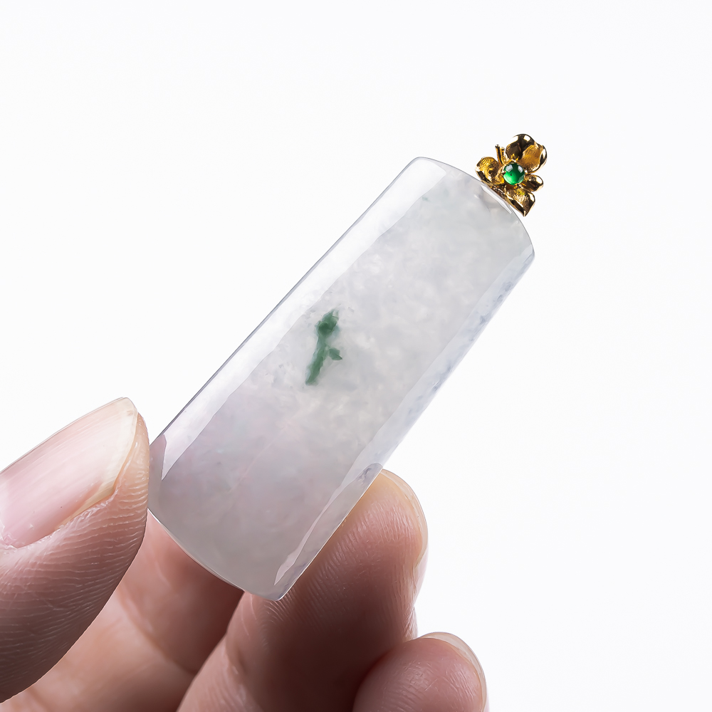 缅甸天然翡翠a货飘花无事牌吊坠18k金镶嵌