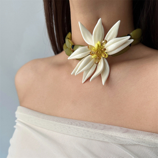 民族风甜美立体白茶花竹节串珠双层项链女小众新中式氛围感颈链