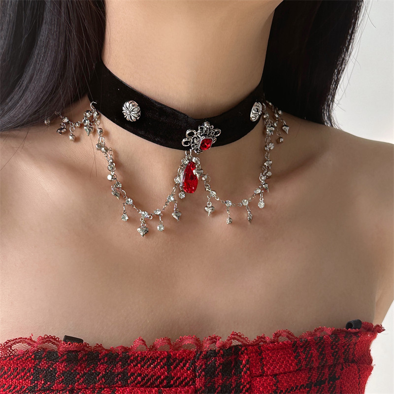 暗黑哥特红水晶流苏choker项链