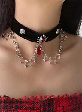 暗黑哥特红水晶流苏choker项链