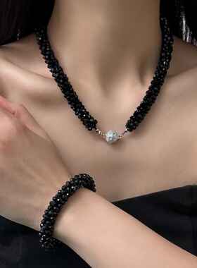 多层暗黑风黑水晶串珠项链