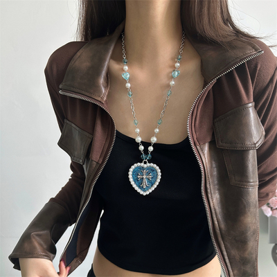 甜酷y2k辣妹风蓝色爱心项链