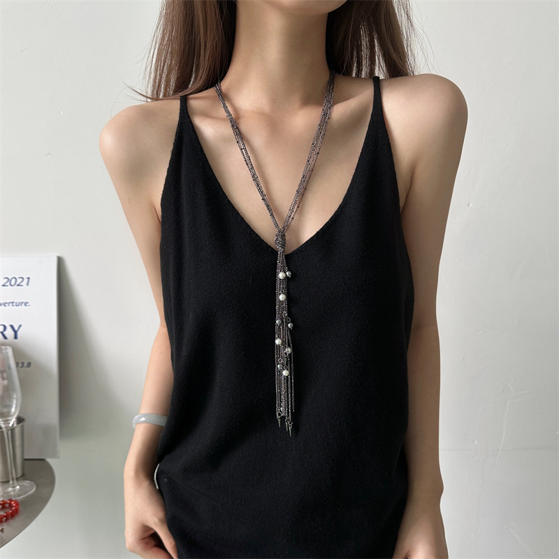 日韩ins风多层长款珍珠铆钉项链