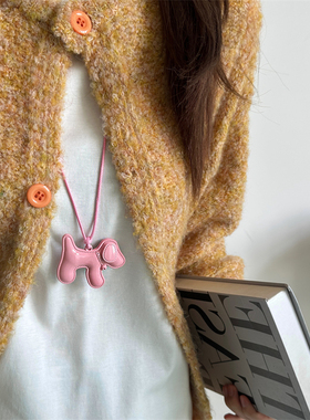 日韩ins风粉色金属小狗吊坠项链