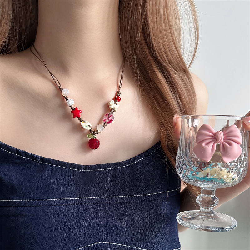 甜酷可爱风红苹果纽扣抽拉绳项链