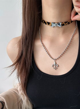 复古辣妹y2k风豹纹皮质项链