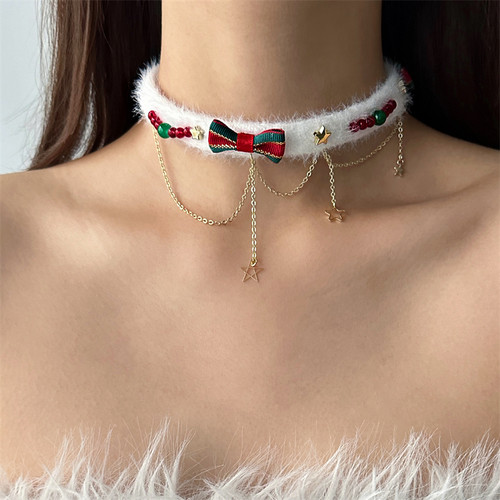 白色毛绒蝴蝶结项圈女chocker
