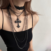 暗黑辣妹风黑色蕾丝重工十字架链条叠戴项链女小众设计感锁骨链潮