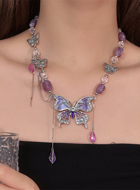 紫色流苏水晶蝴蝶项链配饰女chocker颈链锁骨链甜酷辣妹饰品2024